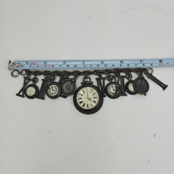 ART Arthur Pepper 13 Timepiece Clock Charm Bracelet Silver Tone Chunky 7.5" VTG - Picture 14 of 15